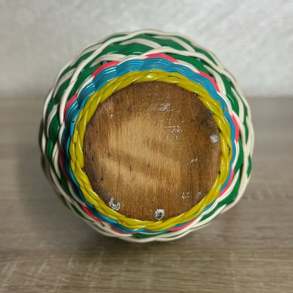 Vintage Spain Wine Bottle Plastic Woven Wicker Metal Handle
